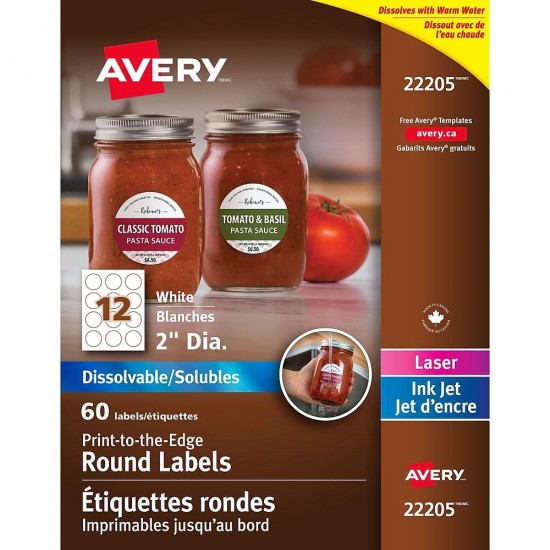 Avery® Étiquettes solubles rondes et imprimables jusqu'au bord 22205